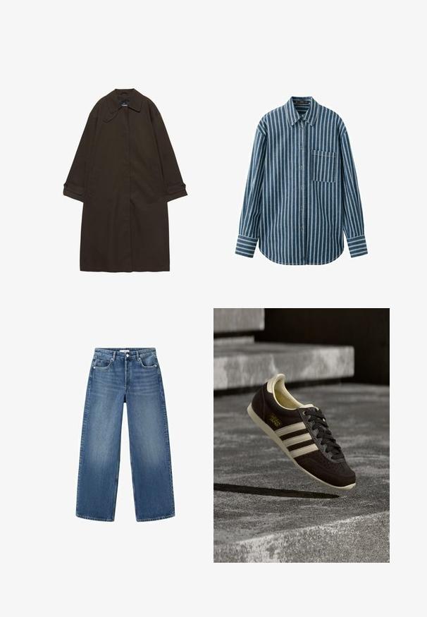 Trench-coat long marron foncé avec col large, poignets boutonnés, fermeture avant cachée, et poches latérales, étalé à plat sur fond blanc.; Chemise bleue à manches longues avec boutons, rayures verticales blanches et une poche poitrine sur le côté gauche.; Jean en denim bleu à jambes larges avec une finition délavée, doté de cinq poches, d'une fermeture à boutons et à glissière, et d'une coupe droite.; Baskets Adidas Japan marron foncé avec des rayures crème et une semelle assortie, flottant au-dessus d'une surface en béton avec des marches en pierre en arrière-plan.