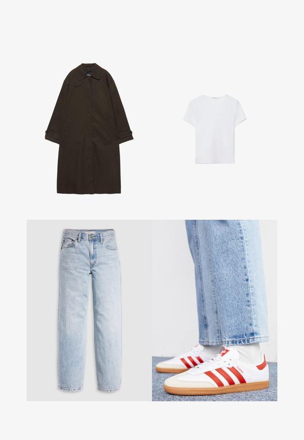 Donkerbruine lange trenchcoat met brede kraag, geruite manchetten, verborgen voorzijde sluiting en zijzakken, plat liggend op een witte achtergrond.; Witte T-shirt met korte mouwen, gemaakt van zachte stof. Heeft een ronde halslijn en een eenvoudig, strak ontwerp met een rechte zoom.; Lichtblauwe spijkerbroek met hoge taille, losvallende pasvorm, rechte pijpen en een klassiek ontwerp met vijf zakken. Zichtbare vervaging en stikseldetails.; Witte leren sneakers met rode strepen en accenten. Voorzien van een getextureerde gumrubberen outsole en een gevoerde kraag. Draag ze met lichtblauwe denim.