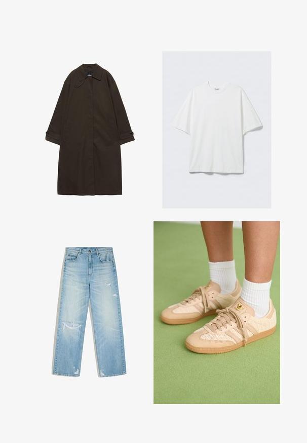 Mørkebrun lang trenchcoat med bred krave, knaplukning ved manchetter, skjult lukning foran og sidelommer, lagt fladt på hvid baggrund.; Hvid, oversized kortærmet t-shirt i bomuld med rund halsudskæring og et lille mærke med mærkenavn indeni kraven.; Lyseblå falmede denimjeans med et lige snit, der har slidte rifter på låret, knæet og nær ved buksekanterne.; Fødder iført beige vævede Adidas sneakers med gummisåler og hvide ankelsokker på en grøn struktureret gulv.
