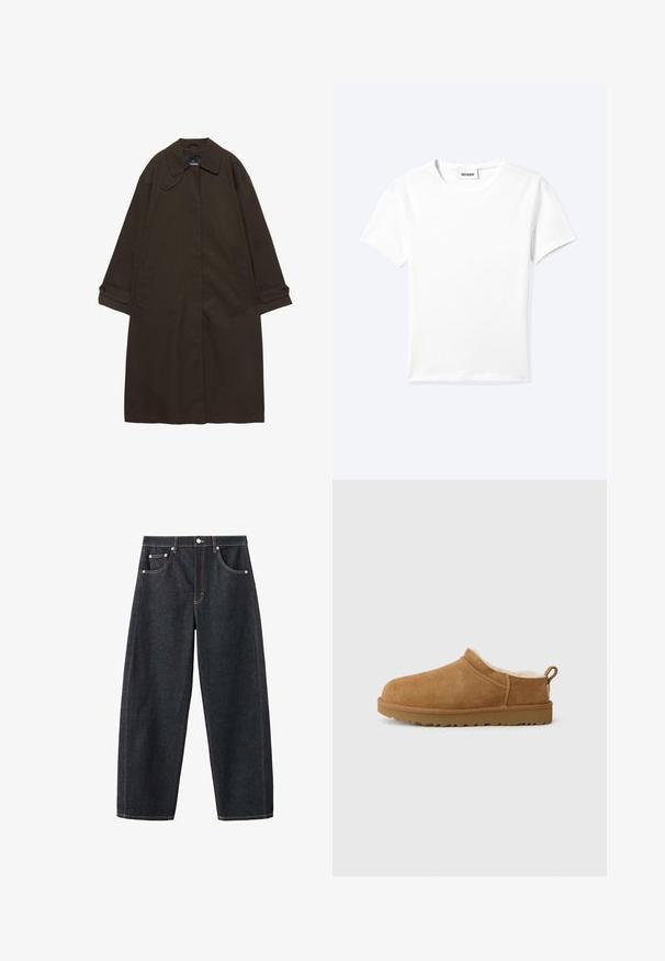 Trench-coat long marron foncé avec col large, poignets boutonnés, fermeture avant cachée, et poches latérales, étalé à plat sur fond blanc.; T-shirt blanc uni à manches courtes et col rond avec une petite étiquette "WEEKDAY" à l'intérieur de l'encolure, présenté à plat sur un fond clair.; Jean en denim bleu foncé à jambes larges avec cinq poches et coutures contrastantes, présenté à plat sur un fond blanc.; Chaussure mocassin en suède marron avec une douillette doublure en fourrure blanche, semelle plate en caoutchouc, bout arrondi et petite languette au talon.
