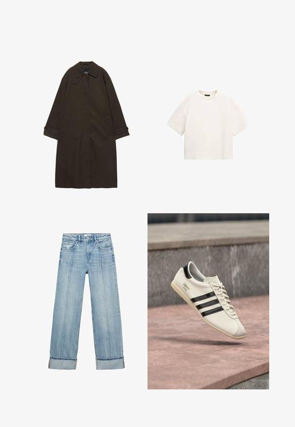 Dunkelbrauner langer Trenchcoat mit weitem Kragen, Knopfmanschetten, verdecktem Frontverschluss und Seitentaschen, flach auf weißem Hintergrund ausgelegt.; Schlichtes weißes T-Shirt mit kurzen Ärmeln und Rundhalsausschnitt, locker geschnitten, auf weißem Hintergrund dargestellt.; Hellblaue Denim-Jeans im weiten Schnitt mit hoher Taille, ausgestattet mit fünf Taschen, sichtbaren Nähten und umgeschlagenen Säumen an den Bündchen.; Weißer Adidas-Sneaker mit schwarzen Streifen und beige-farbener Sohle, der über einer rosa gefärbten Betonfläche und einem grauen Steinhintergrund schwebt.
