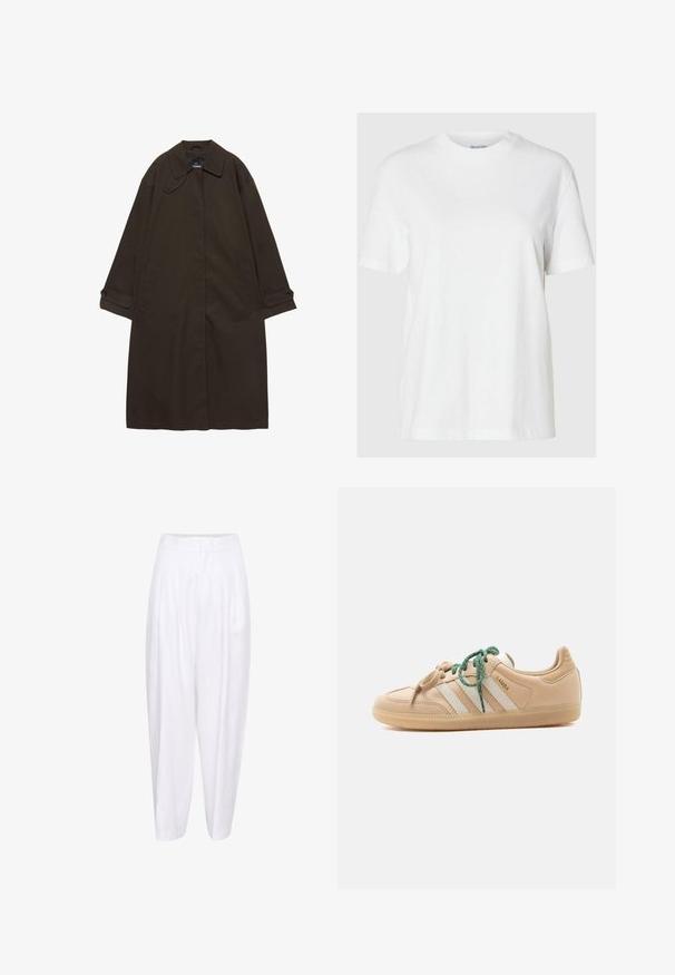 Mørkebrun lang trenchcoat med bred krave, knaplukning ved manchetter, skjult lukning foran og sidelommer, lagt fladt på hvid baggrund.; Hvid bomuld t-shirt med korte ærmer og rund halsudskæring. Har en afslappet pasform og et minimalistisk design uden mønstre eller accenter.; Hvide linned bukser med høj talje, der har frontfolder og en afslappet silhuet, der smalner ind mod anklen. Glat tekstur, ingen mønstre.; Beige Adidas Samba-sneaker med cremefarvede striber og sål, udstyret med mismatchede snørebånd—et beige og et grønt med gule prikker.