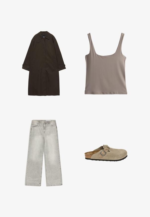 Donkerbruine lange trenchcoat met brede kraag, geruite manchetten, verborgen voorzijde sluiting en zijzakken, plat liggend op een witte achtergrond.; Mouwloos taupekleurig cropped tanktop met vierkante halslijn en brede schouderbanden, gladde stof en eenvoudig ontwerp.; Lichtgrijze wijde spijkerbroek met steekzakken aan de voorkant, riemlussen en een knoopsluiting.; Beige suède klompen met een ronde neus, verstelbare band en gesp, kurken tussenzool en een gestructureerde zwarte rubberen zool voor voldoende grip.