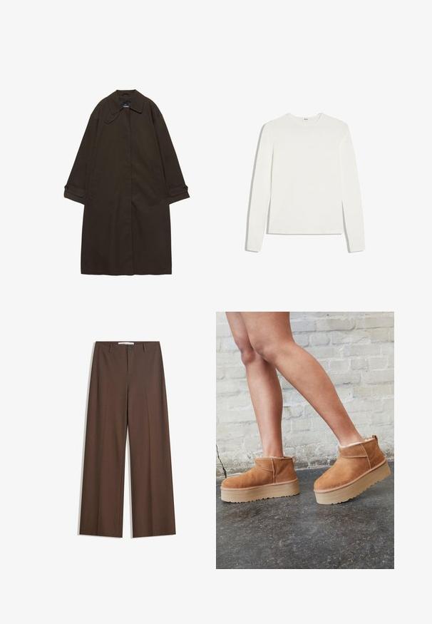 Dunkelbrauner langer Trenchcoat mit weitem Kragen, Knopfmanschetten, verdecktem Frontverschluss und Seitentaschen, flach auf weißem Hintergrund ausgelegt.; Einfaches weißes Langarmshirt mit Rundhalsausschnitt und schmaler Passform, flach auf weißem Hintergrund gelegt.; Braune weite Hosen mit einer glatten Textur, vorderen Falten, einem Knopfverschluss und zwei seitlichen Taschen. Designed für Komfort und Vielseitigkeit.; Braune Wildleder-Stiefeletten mit einem weichen Futter, dicker beige Plateau-Sohle und einer Zuglasche auf der Rückseite. Strukturiert Oberfläche mit sichtbaren Nähdetails.