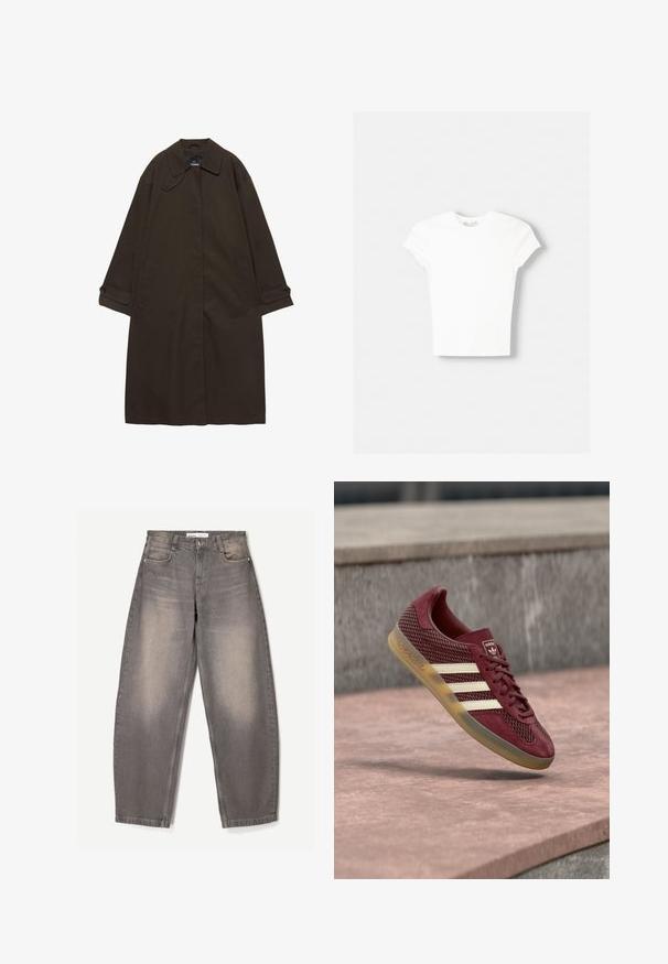 Mørkebrun lang trenchcoat med bred krave, knaplukning ved manchetter, skjult lukning foran og sidelommer, lagt fladt på hvid baggrund.; Hvid kortærmet t-shirt lavet af blød bomuld, med rund halsudskæring og en tætsiddende form. Ingen synlige mønstre eller udsmykninger.; Bredde ben grå jeans lavet af denim, med subtil falmning, fem-lomme design, bæltestropper og en knaplukning i taljen.; Vinrød sneaker med mesh- og ruskindsmaterialer. Har tre hvide striber, rund snude og en gummisål. Bagerst er der logodetalje.