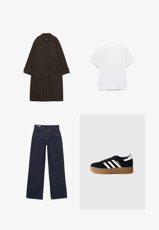 Dunkelbrauner langer Trenchcoat mit weitem Kragen, Knopfmanschetten, verdecktem Frontverschluss und Seitentaschen, flach auf weißem Hintergrund ausgelegt.; Unifarbenes weißes T-Shirt mit kurzen Ärmeln und Rundhalsausschnitt, gerader Saum, dargestellt auf weißem Hintergrund.; Dunkelblaue, weit geschnittene Jeans aus Denim mit Knopf- und Reißverschluss, fünf Taschen und gelben Nähten.; Schwarzer Wildledersneaker mit weißen drei Streifen und goldfarbenem Logo. Gummisohle mit strukturiertem Grip. Klassisches Low-Top-Design, abgerundete Zehenkappe.