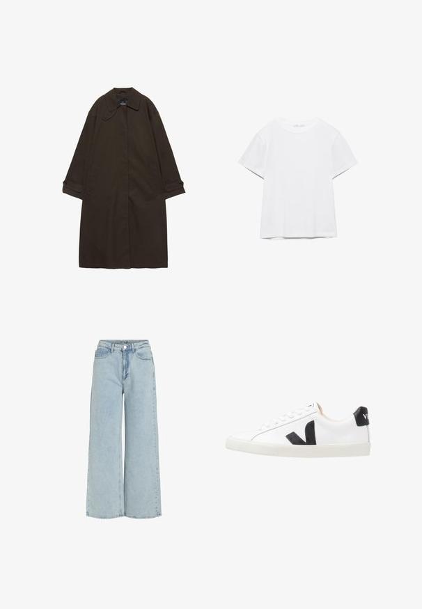 Donkerbruine lange trenchcoat met brede kraag, geruite manchetten, verborgen voorzijde sluiting en zijzakken, plat liggend op een witte achtergrond.; Effen wit T-shirt met korte mouwen en ronde hals, met een rechte zoom, gepresenteerd tegen een witte achtergrond.; Lichtblauwe wijdvallende jeans van denim met een hoge taille, frontzakken en een knoopsluiting. Bevat een vervaagde textuur en strakke lijnen.; Witte sneaker met een zwart V-logo, voorzien van een gladleren bovenwerk, ronde neus, vetersluiting en een contrasterende zwarte hieltab.