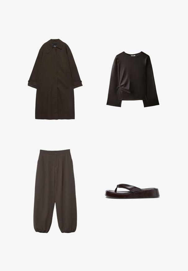 Trench-coat long marron foncé avec col large, poignets boutonnés, fermeture avant cachée, et poches latérales, étalé à plat sur fond blanc.; Chemise noire à manches longues avec un col rond et un petit détail froncé sur le côté gauche près de la taille.; Pantalon ample marron foncé avec fermeture à boutons, plis à l'avant et chevilles élastiquées.; Sandale tong plate-forme marron foncé avec semelle épaisse et rembourrée et larges sangles en cuir, vue de côté sur fond blanc.