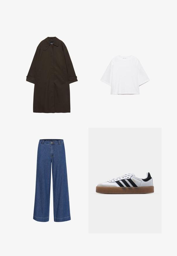 Dunkelbrauner langer Trenchcoat mit weitem Kragen, Knopfmanschetten, verdecktem Frontverschluss und Seitentaschen, flach auf weißem Hintergrund ausgelegt.; Weißes, kurzärmeliges, kastiges T-Shirt aus weicher Baumwolle. Es verfügt über einen Rundhalsausschnitt und breite Ärmel mit einem klaren, schlichten Design.; Weite Jeanshose in Dunkelblau. Aus Baumwolle gefertigt, mit Knopfverschluss, Vordertaschen und einem sauberen Saum.; Weiße Leder Sneakers mit schwarzen Streifen, Gummigummi-Außensohle, runder Zehenform, Schnürverschluss und weichem grauem Wildleder-Zehenkappe.