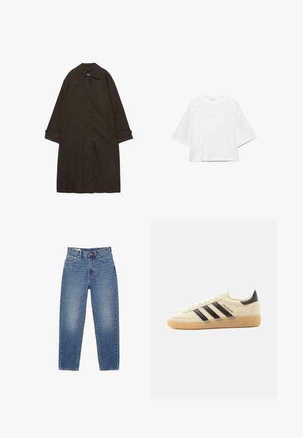 Donkerbruine lange trenchcoat met brede kraag, geruite manchetten, verborgen voorzijde sluiting en zijzakken, plat liggend op een witte achtergrond.; Wit, kort mouw, boxy t-shirt gemaakt van zacht katoen. Heeft een ronde hals en brede mouwen, met een strak, eenvoudig ontwerp.; Lichtblauwe denim jeans met een hoge taille, rechte pijpen, vijf zakken en oranje stikseldetails. Verweerde afwerking aan de voorkant.; Crèmekleurige suède sneaker met zwarte strepen, rubberen zool, zwart hieltabje en gouden "SPEZIAL" tekst aan de zijkant.