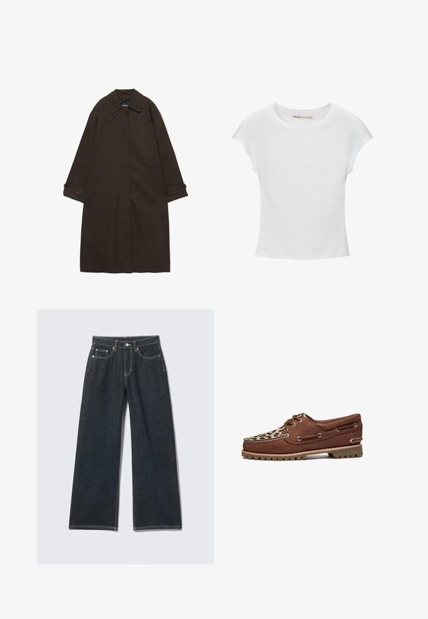 Mørkebrun lang trenchcoat med bred krave, knaplukning ved manchetter, skjult lukning foran og sidelommer, lagt fladt på hvid baggrund.; Hvid bomuld t-shirt med korte, opsmøgede ærmer, rund halsudskæring og lige kant. Glat tekstur uden synlige mønstre eller detaljer.; Mørkeblå jeans med vide ben, foran med knapper, lynlås, bæltestropper og fem-lomme detalje på en ensfarvet lys baggrund.; Timberland AUTHENTIC 3 EYE - Sejlersko - medium brown nubuck