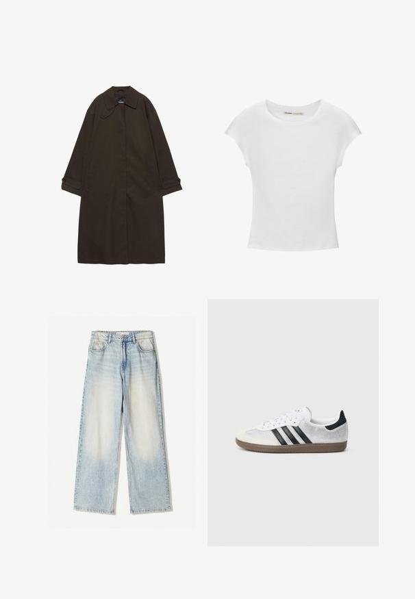 Mørkebrun lang trenchcoat med bred krave, knaplukning ved manchetter, skjult lukning foran og sidelommer, lagt fladt på hvid baggrund.; Hvid bomuld t-shirt med korte, opsmøgede ærmer, rund halsudskæring og lige kant. Glat tekstur uden synlige mønstre eller detaljer.; Lyseblå denimbukser med vid ben, der har fem lommer, subtil falmning og synlige sømme langs kanterne.; Hvid mesh-sneaker med sorte striber, beige ruskind på tåhætte og hæl, tekstureret gummisål og hvide snørebånd. Klassisk lavtopsdesign.