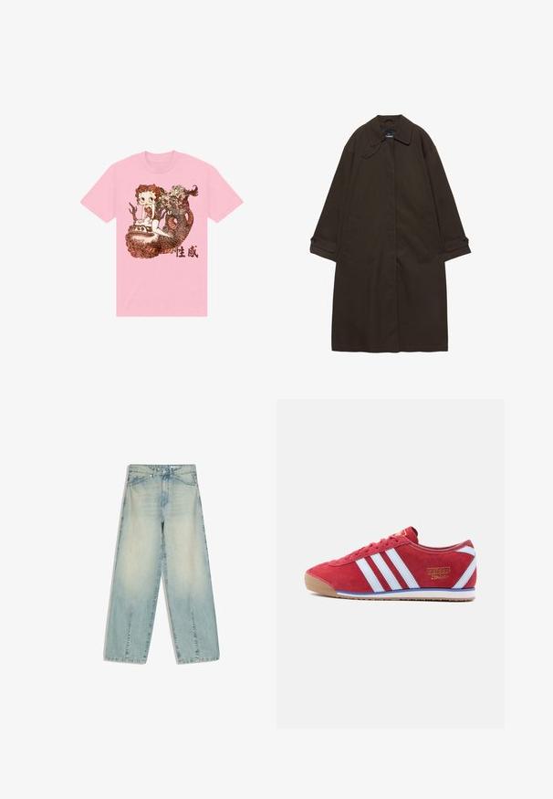 Mørkebrun lang trenchcoat med bred krave, knaplukning ved manchetter, skjult lukning foran og sidelommer, lagt fladt på hvid baggrund.; Lyserød bomulds T-shirt med et detaljeret grafisk design af en karakter, en slange, og dekorative elementer i brun, med kinesisk tekst nedenfor.; Lyseblå denimjeans med vide ben, forlommer, bæltestropper, knaplukning og diskrete falmede detaljer.; Rød ruskindssneaker med hvide læderstriber, beige gummisål og tynde snørebånd. Har gyldent "adidas Italia"-mærke på siden.