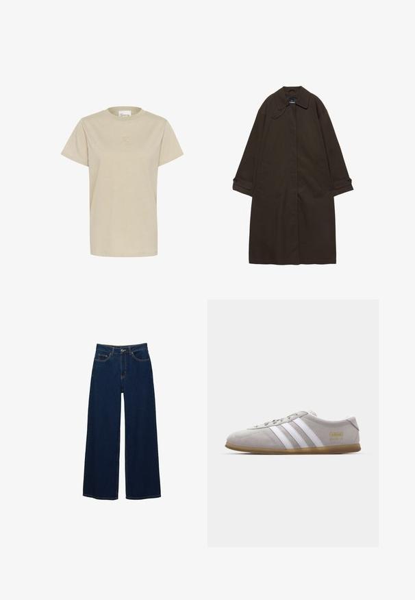 Mørkebrun lang trenchcoat med bred krave, knaplukning ved manchetter, skjult lukning foran og sidelommer, lagt fladt på hvid baggrund.; Lys beige T-shirt med korte ærmer lavet af blødt stof. Den har en rund hals og et diskret præget logo på brystet.; Mørkeblå vidde jeans i denim; har forlommer og knaplukning; fremtrædende syninger langs sømmene; ingen mønstre eller udsmykninger.; Grå suedestøvle med hvide læderstriber og guldlogo-detalje. Flad gummisål, rund tå og klassisk snølukkedesign.