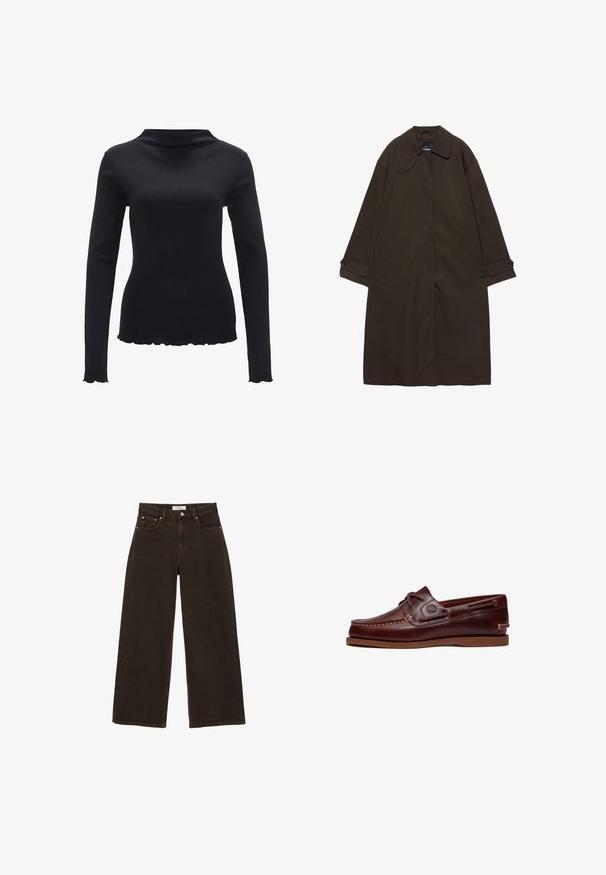 Donkerbruine lange trenchcoat met brede kraag, geruite manchetten, verborgen voorzijde sluiting en zijzakken, plat liggend op een witte achtergrond.; Zwarte lange mouwen top van gladde stof, met een mock neck ontwerp en een gegolfde zoom. Geen zichtbare patronen of hardwareaccenten.; Donkerbruine, wijde spijkerbroek met knopen en ritssluiting aan de voorkant, voorzakken met klinknagels en riemlussen, plat gelegd op een witte achtergrond.; Bruine leren boot schoen met veters, stiksel details en Timberland-logo aan de zijkant, weergegeven op een witte achtergrond.