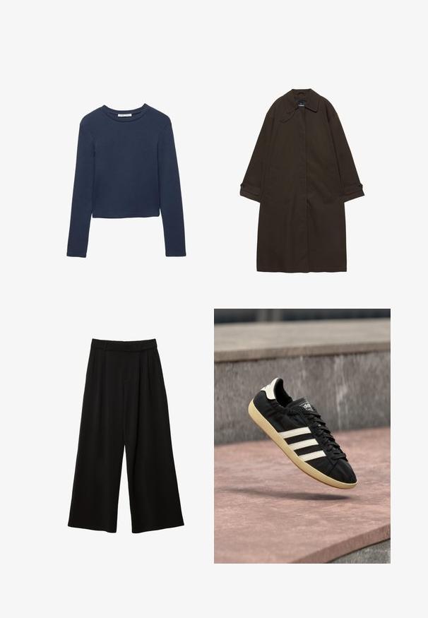 Donkerbruine lange trenchcoat met brede kraag, geruite manchetten, verborgen voorzijde sluiting en zijzakken, plat liggend op een witte achtergrond.; Donkerblauw langemouwen cropped shirt met ronde hals, plat weergegeven op een witte achtergrond.; Zwarte wijde broek met hoge taille, plooien aan de voorkant, riemlussen en een ruime pasvorm.; Zwarte Adidas sneaker met witte strepen en beige zool, vastgelegd in de lucht boven een stenen oppervlak en een stenen muur op de achtergrond.
