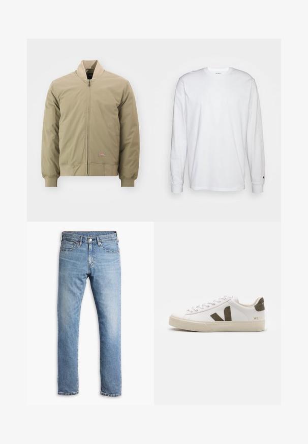 Licht khaki bomberjack met een rits aan de voorkant, ribbelboorden en een zachte kraag. Gemaakt van gladde stof met een klein logo-opdruk op de borst.; Witte lange mouwen T-shirt van katoen. Ronde hals ontwerp met ribgebreide manchetten en een klein logo op de linkermouw. Gladde textuur.; Lichtblauwe denim jeans met een rechte pijp, vijf zakken, contrasterende stiksels en een knoop- en ritsluiting bij de taille.; Witte leren sneakers met een lichtbeige rubberen zool. Voorzien van een bruine suède V-logo en hieltab. Gespsluiting met een gestructureerd oppervlak.