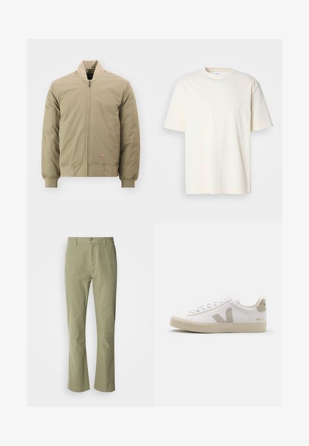 Veste bomber de couleur beige clair avec fermeture éclair à l'avant, poignets côtelés et col doux. Fabriquée en tissu lisse avec un petit écusson logo sur la poitrine.; T-shirt uni à col rond, à manches courtes, de couleur blanc cassé, design unisexe, présenté sur un fond gris neutre.; Pantalon en coton vert clair avec une coupe droite, doté d'une fermeture à bouton à l'avant et d'une texture discrète. Aucun motif ou accent visible.; Baskets en cuir blanc avec des accents beiges, semelle plate en caoutchouc, bout rond et logo contrastant sur le côté et à l'arrière. Design à lacets.