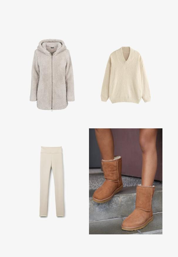 Lysegrå, blød sherpa fleece jakke med lange ærmer, fuld frontlynlås og fastgjort hætte, vist på hvid baggrund.; Cremefarvet pullover sweater med v-udskæring, ribbet krave og manchetter. Fremstillet af blødt, tekstureret stof med en løs pasform og nedfaldne skuldre.; Beige leggings lavet af strækbart stof. Høj talje, tætsiddende pasform, med glat tekstur og uden synlige mønstre eller hardware.; Brune ruskind ankelstøvler med rund tå, blødt foer og gummisål, der har synlige stikninger langs sømmene.