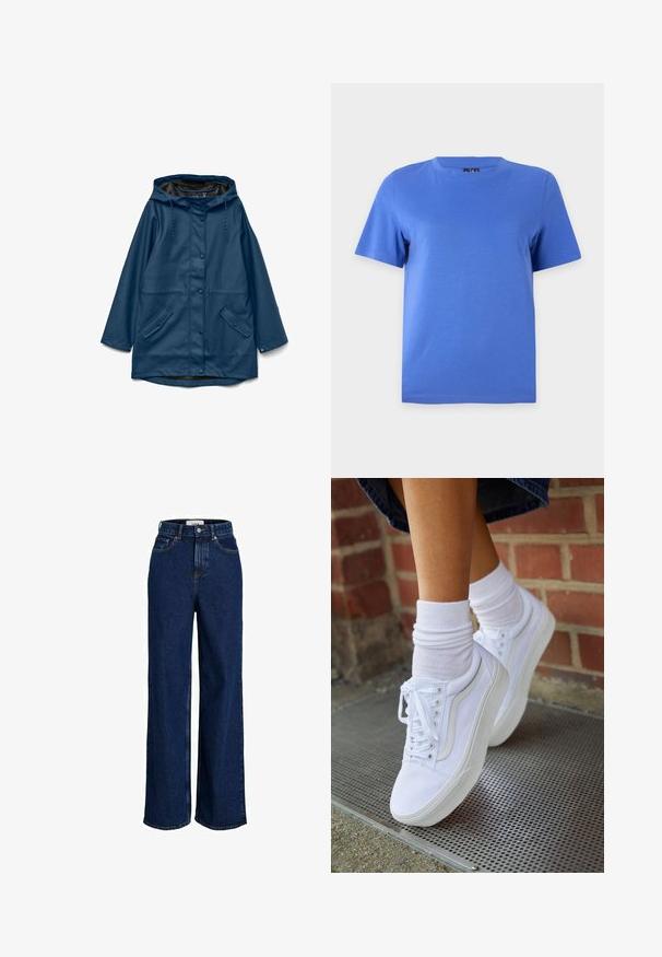 Marineblauer wasserdichter Regenmantel mit Kapuze, vorderen Druckknöpfen, Kordelzügen und zwei vorderen Pattentaschen mit Knopfverschluss.; Einfarbig blaues T-Shirt mit kurzen Ärmeln und Rundhalsausschnitt auf einfachem hellgrauem Hintergrund dargestellt.; Dunkelblaue, hoch taillierte Jeans mit weitem Bein, vorderen Taschen, Gürtelschlaufen, Knopfverschluss und sichtbaren Nahtdetails.; Weiße Leinensneaker mit Gummisohlen, ausgestattet mit sechs Ösen, runder Zehenpartie und dezenten Nähten, kombiniert mit weißen Knöchelsocken.