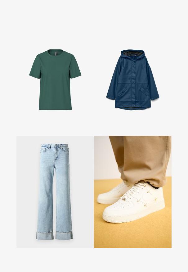 Marineblauer wasserdichter Regenmantel mit Kapuze, vorderen Druckknöpfen, Kordelzügen und zwei vorderen Pattentaschen mit Knopfverschluss.; Kurzärmliges T-Shirt aus dunkelgrünem Baumwollstoff mit Rundhalsausschnitt. Schlichtes, ungeschmücktes Design und lockere Passform. Weiche Textur, keine Muster.; Hellblaue Jeans aus Denim mit weitem Bein, ausgefransten Säumen und dekorativer Strassverzierung an den Bündchen. Standardmäßiges Fünf-Taschen-Design.; Weiße Leder-Sneaker mit perforierter Zehenpartie, goldenen Akzenten und flachen Schnürsenkeln, kombiniert mit beigen Hosen auf einer strukturierten gelben Oberfläche.
