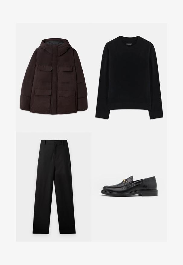 Dondup PUFFIER JACKET - Winterjas - burgundy; Zwarte trui van zacht materiaal, met een ronde hals, lange mouwen, ontspannen pasvorm en ribgebreide zoom. Eenvoudig, effen ontwerp zonder patronen.; Zwarte broek van katoen met een rechte pijpdesign, voorzien van een sluiting met een knoop aan de voorkant en zijzakken. Gladde textuur, geen patronen.; Zwarte leren instappers met een ronde neus, voorzien van een gouden hardware accent en stikdetails, geplaatst op een lage, getextureerde rubberen zool.