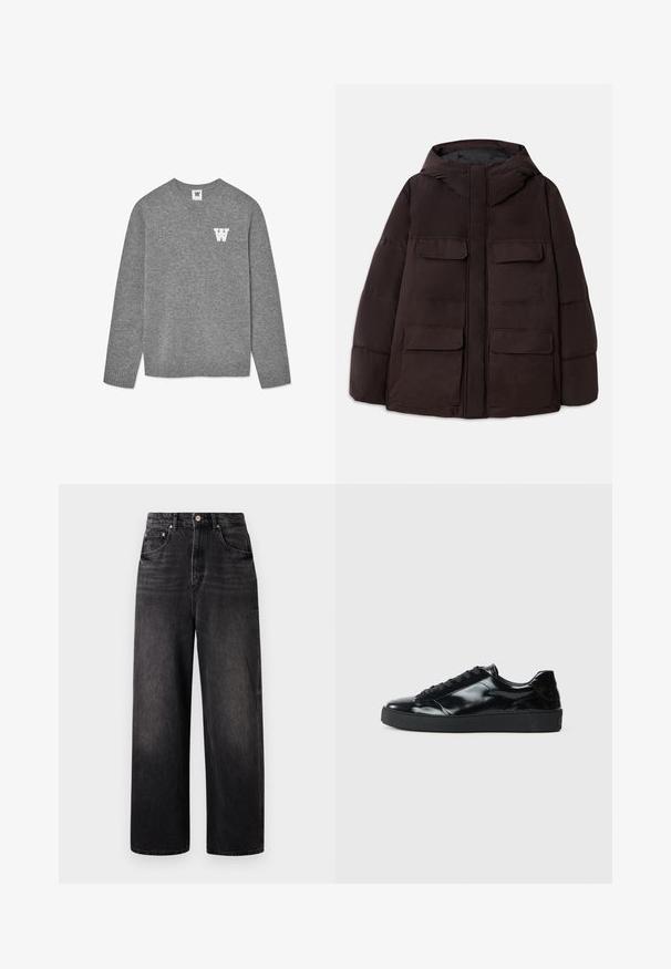 Dondup PUFFIER JACKET - Zimná bunda - burgundy; Sivý pletený sveter s okrúhlym výstrihom a rebrovanými manžetami. Na ľavej hrudi je vyšité biele písmeno "W". Mäkká textura.; Čierne džínsy s voľným strihom, vysokým pásom, piatimi vreckami a viditeľným zapínaním na gombík. Majú jemné zblednutie a rovný strih nohavíc.; Čierne lakované kožené tenisky s okrúhlou špičkou, viazaním, textúrovanou gumenou podrážkou a hladkým povrchom.