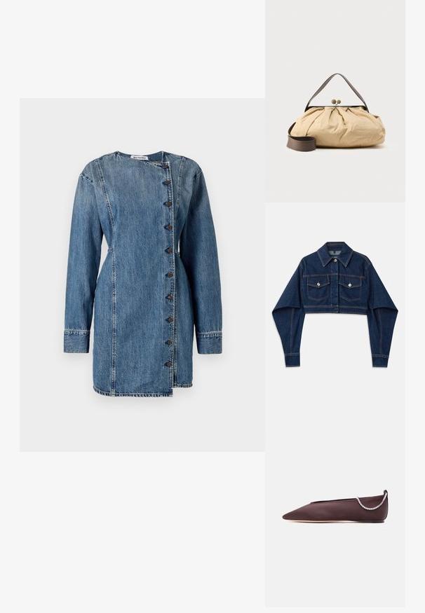 Chaqueta de denim azul oscuro, recortada y con mangas largas, dos bolsillos en el pecho y botones plateados. Con detalles de costura en contraste en color naranja.; Vestido de mezclilla con mangas largas, cuello alto y cierre de botón asimétrico. Presenta un lavado azul medio, una ligera textura y un ajuste entallado.; Zapato plano de punta fina de color marrón oscuro con un tacón bajo y un detalle de cadena de pedrería plateada en la parte trasera.; Bolsa de tela beige con diseño fruncido, asa de cuero marrón y dos cierres metálicos redondos en la parte superior. Incluye correa marrón ajustable.