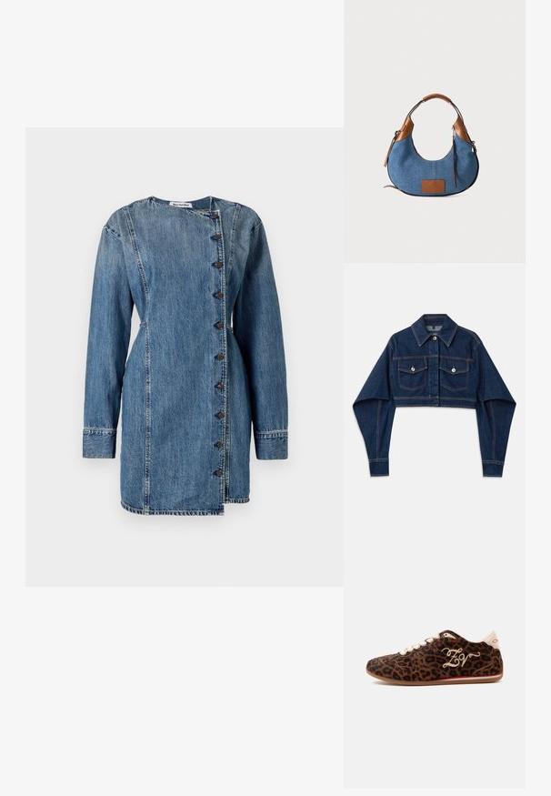 Dunkelblaue, taillierte Jeansjacke mit langen Ärmeln, zwei Brusttaschen und silbernen Knöpfen. Hat kontrastierende orangefarbene Nähte.; Jeanskleid mit langen Ärmeln, hohem Kragen und asymmetrischem Knopfverschluss. Hat eine mittelblaue Waschung, leichte Struktur und taillierte Passform.; Sneaker mit niedrigem Profil und Leopardenmuster, weißen Schnürsenkeln, beigefarbenem Fersenlasche und kursiver "ZW" Stickerei an der Seite.; Blaue Denim-Halbmonden-Handtasche mit braunem Lederbesatz, Griff und kleinem Frontpatch, auf einfachem hellem Hintergrund dargestellt.