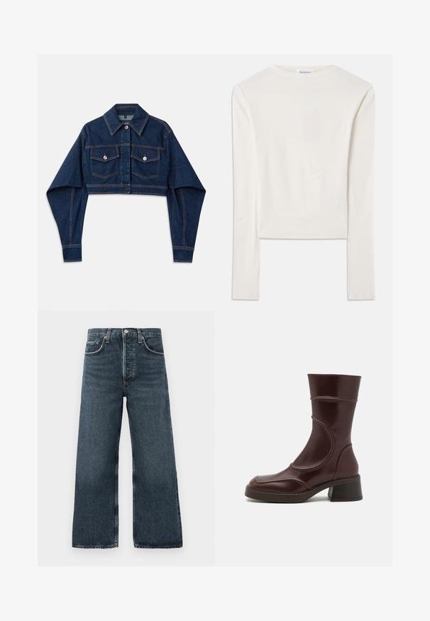 Dunkelblaue, taillierte Jeansjacke mit langen Ärmeln, zwei Brusttaschen und silbernen Knöpfen. Hat kontrastierende orangefarbene Nähte.; Weißes Langarmshirt aus Baumwolle mit Rundhalsausschnitt und schmaler Passform. Der Stoff ist glatt und hat einen leichten Stretch.; Dunkelblaue Jeans mit weitem Bein, ausgestattet mit einem Knopf- und Reißverschluss, fünf Taschen und dezentem Waschungseffekt auf dem Stoff.; MIISTA MALENE - Stiefelette - brown