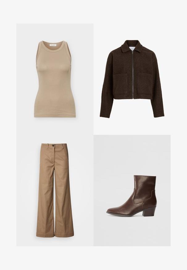 Veste courte en laine brun foncé texturée, manches longues, deux poches avant, col et fermeture éclair argentée à l'avant.; Débardeur beige ajusté pour femmes, sans manches, avec encolure ronde et étiquette Marc O'Polo à l'intérieur du col arrière.; Pantalons à jambes larges en tissu lisse et beige. Dotés d'une fermeture à bouton sur le devant, de passants de ceinture et de poches latérales. Lignes épurées sans motifs visibles.; Bottine en cuir marron à bout pointu, talon moyen bloc et panneaux latéraux élastiques pour un enfilage facile. Texture lisse et design élégant.