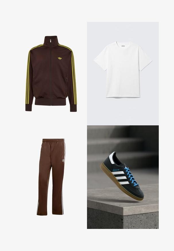 Braune Trainingsjacke mit Reißverschluss und hohem Kragen, gelbe Streifen entlang der Ärmel und kleines gelbes Logo auf der linken Brust.; Weißes T-Shirt mit kurzen Ärmeln und Rundhalsausschnitt, flach liegend, schlichtes Design, mit „WEEKDAY“-Etikett innen im Kragen auf hellem Hintergrund.; Braune Sporthose aus glattem Stoff, mit weißen Seitenstreifen und einem elastischen Bund. Mit Taschen auf beiden Seiten.; Schwarzer Adidas-Sneaker mit weißen Streifen, blauen Schnürsenkeln und Gummisohle, der über einer grauen Betontreppe im weichen Licht schwebt.