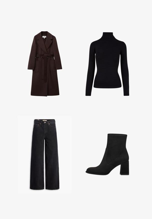 Long manteau en laine brun foncé avec larges revers, deux poches plaquées à l'avant, détails de boutons et ceinture assortie à la taille.; Pull en col roulé noir en matière tricotée douce, avec des manches longues et des accents côtelés au niveau du cou et de l'ourlet. Design ajusté.; Jean noir à jambe large en denim, comportant cinq poches, des rivets en laiton et une fermeture à bouton classique. Texture lisse avec un design épuré.; Bottines noires à talon bloc, en suède doux. Elles présentent un bout arrondi et des panneaux latéraux lisses avec des détails de couture.