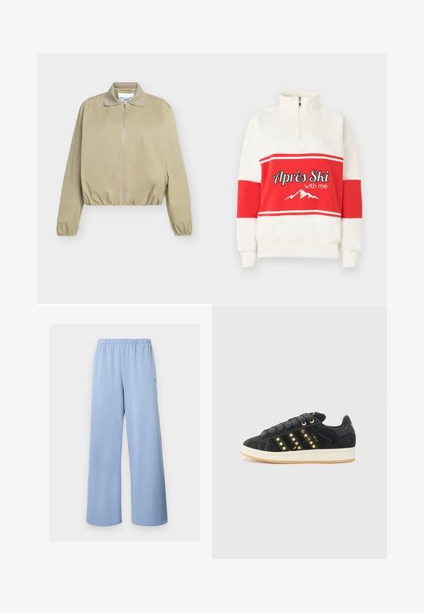 Beige letvægtsjakke med lynlås foran, elastisk talje og manchetter samt en lille krave, mærket Marc O'Polo Denim.; Hvid sweatshirt med høj krave, med røde vandrette striber og teksten "Apres Ski with me" samt en bjerggrafik i hvid.; Lyseblå vidde bukser med elastisk linning, glat stof og minimalistisk design, vist mod en ensfarvet hvid baggrund.; adidas Originals CAMPUS 00S W - Sneakers - core black/carbon/gold-coloured