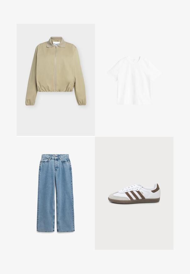 Veste légère beige avec fermeture éclair frontale, taille et poignets élastiques, et petit col, étiquetée Marc O'Polo Denim.; T-shirt blanc uni à manches courtes et col rond exposé sur un fond blanc, montrant la vue de face et des détails de couture minimaux.; Jean en denim bleu clair avec coupe à jambes larges, fermeture devant par bouton et zip, style cinq poches.; Basket Adidas Samba blanche et marron avec trois bandes marron, lacets et semelle texturée, vue de côté sur fond uni.