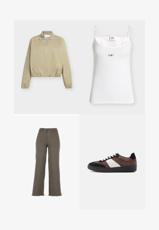 Beige lichtgewicht jas met rits aan de voorkant, elastische taille en manchetten en een kleine kraag, met label Marc O'Polo Denim.; Wit spaghettihemdje met klein zwart logo in het midden onder de halslijn en maatlabel binnenin de kraag.; Wijde broek met hoge taille in olijfgroen, met knoop- en ritssluiting, riemlussen en gefraaide zoom.; Suède sneakers in bruin, zwart en crème met een gestructureerd wit paneel. Voorzien van witte veters, een ronde neus en een zwarte rubberen zool.