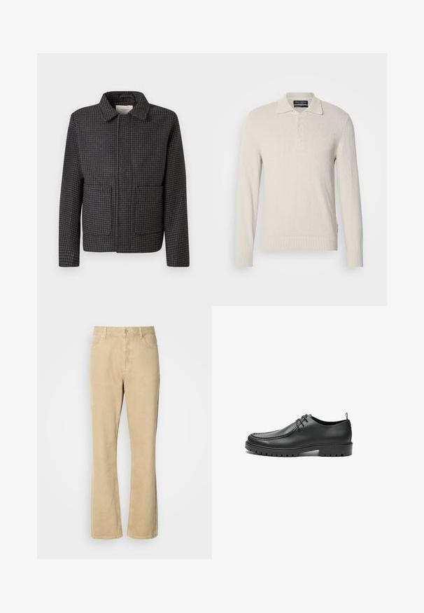 Veste à carreaux gris avec un col, deux poches avant et une coupe droite. Le tissu est texturé et présente un motif pied-de-coq classique.; Pull col polo à manches longues beige clair en tricot doux avec une finition texturée, doté d'un col classique et d'une patte de boutonnage à trois boutons.; Pantalons en velours côtelé beige évasés avec une fermeture à bouton et à fermeture éclair, comportant cinq poches et des coutures visibles le long des jambes. Texture lisse.; Chaussures en cuir noir avec une finition lisse, bout arrondi et coutures décoratives. Elles possèdent une semelle en caoutchouc avec des rainures de traction et un laçage.