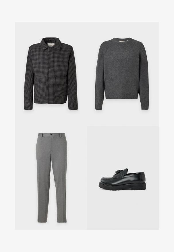 Chaqueta de cuadros gris con cuello, dos bolsillos frontales y corte recto. La tela es texturizada y presenta un clásico patrón de espiga.; Suéter gris oscuro hecho de un suave material de punto, con cuello redondo, mangas largas y dobladillo y puños acanalados. Diseño liso, sin patrones.; Pantalones gris ajustados que presentan una textura suave, un ligero patrón, cierre de cremallera y botón, con bolsillos frontales y piernas acampanadas.; Mocasín de cuero negro con borlas, suela de caucho gruesa y tacón bajo, mostrado de perfil sobre un fondo liso.