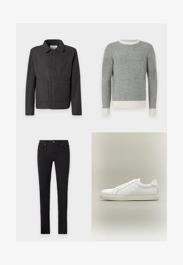 Grau kariertes Jackett mit Kragen, zwei Vordertaschen und gerader Passform. Der Stoff ist strukturiert und zeigt ein klassisches Hahnentrittmuster.; Grau und creme gestreifter Pullover mit geripptem Rundhalsausschnitt und Bündchen. Hergestellt aus strukturierter Stoff, mit taillierter Passform und langen Ärmeln.; Schwarze Slim-Fit-Jeans mit fünf Taschen, Knopfverschluss und Gürtelschlaufen, flach auf einem weißen Hintergrund präsentiert.; Weißer Sneaker mit niedrigem Schaft, vorn mit Schnürung und dicker Sohle, aus der Seitenansicht vor neutralem Hintergrund.