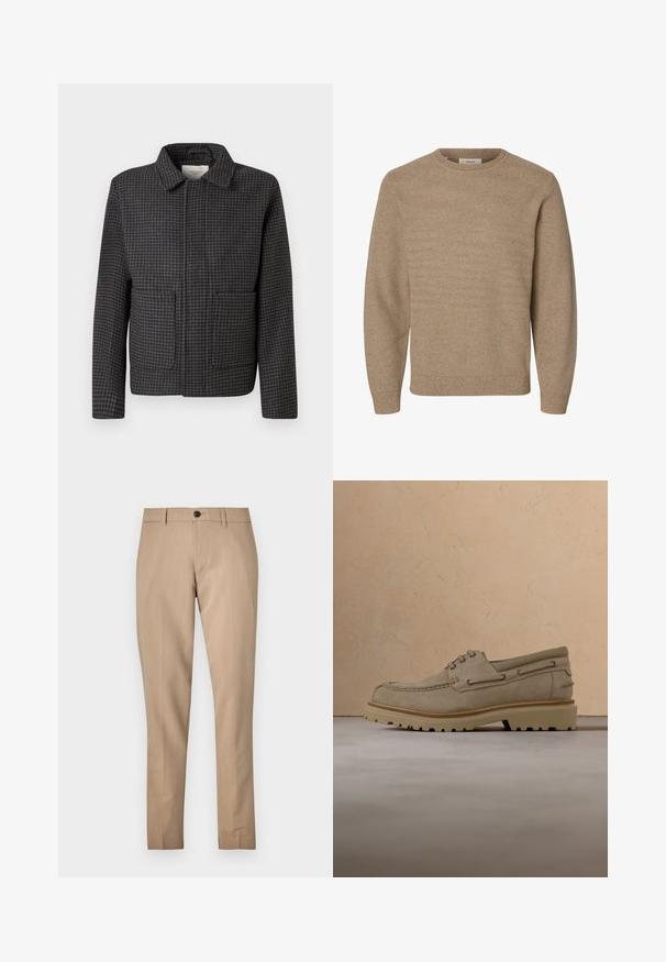 Grau kariertes Jackett mit Kragen, zwei Vordertaschen und gerader Passform. Der Stoff ist strukturiert und zeigt ein klassisches Hahnentrittmuster.; Beiger langärmeliger Strickpullover mit Rundhalsausschnitt und gerippten Bündchen und Saum, gezeigt auf weißem Hintergrund.; Beige maßgeschneiderte Hose aus einem glatten Stoff, mit Knopfverschluss, Gürtelschlaufen und schmalem Schnitt mit geradem Bein.; Beiger Wildleder-Casual-Schnürschuh mit dicker, profilierter Sohle, schwebend über passender beiger strukturierter Oberfläche und Hintergrund dargestellt.