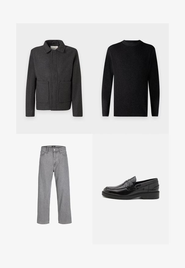 Harmaa ruudullinen takki, jossa on kaulus, kaksi etutaskua ja suora leikkaus. Kangas on texturoidulla pinnalla ja siinä on klassinen houndstooth-kuvio.; Mustapaitainen ribbiknitti neule, jossa on pitkät hihat ja pyöreä pääntie. Ominaisuuksiin kuuluu teksturoitu kangas ja suora helma.; Harmaan farkut, joissa on rento ja löysä istuvuus. Ominaisuuksiin kuuluu perinteinen viiden taskun muotoilu ja nappikiinnitys vyötäröllä.; Mustat nahkakengät, joissa on sileä pinta, pyöristetty kärki, matala korko ja koristeommel etupuolella. Kumiulkopohja pitoa varten.