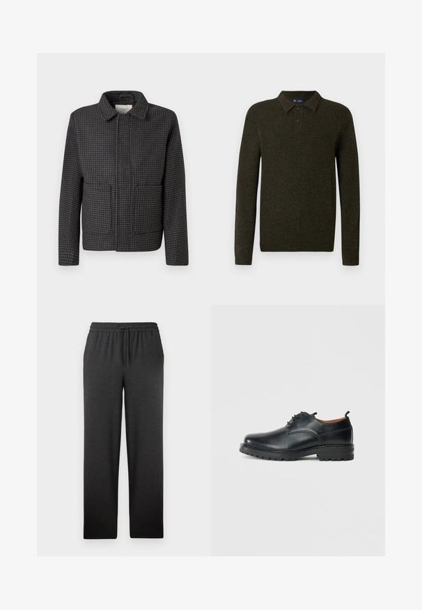 Chaqueta de cuadros gris con cuello, dos bolsillos frontales y corte recto. La tela es texturizada y presenta un clásico patrón de espiga.; Suéter polo de manga larga verde con un acabado texturizado, tapeta de dos botones y puños acanalados. Diseño simple y clásico adecuado para uso informal.; Pantalones negros con cintura elástica y cordón. Confeccionados en una tela suave, tienen un corte recto y una textura mínima. Sin bolsillos visibles.; Zapatos derby de cuero negro con una textura suave, punta redondeada, diseño de cordones y una suela de goma gruesa y resistente.