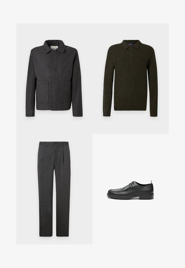 Grå ternet jakke med krave, to forlommer og lige snit. Stoffet er struktureret og har et klassisk hundetandmønster.; Grøn langærmet polo sweater med struktureret finish, to knaplukninger og ribstrikkede manchetter. Enkel, klassisk design der er velegnet til afslappet brug.; Grå skræddersyede bukser med lige ben, der har en frontfold, lynlås og knaplukning. Glat tekstur, klassisk design.; Sorte lædersko med en glat overflade, rund tå og dekorativ stikning. Har en gummisål med skridsikre spor og snørebåndsdesign.