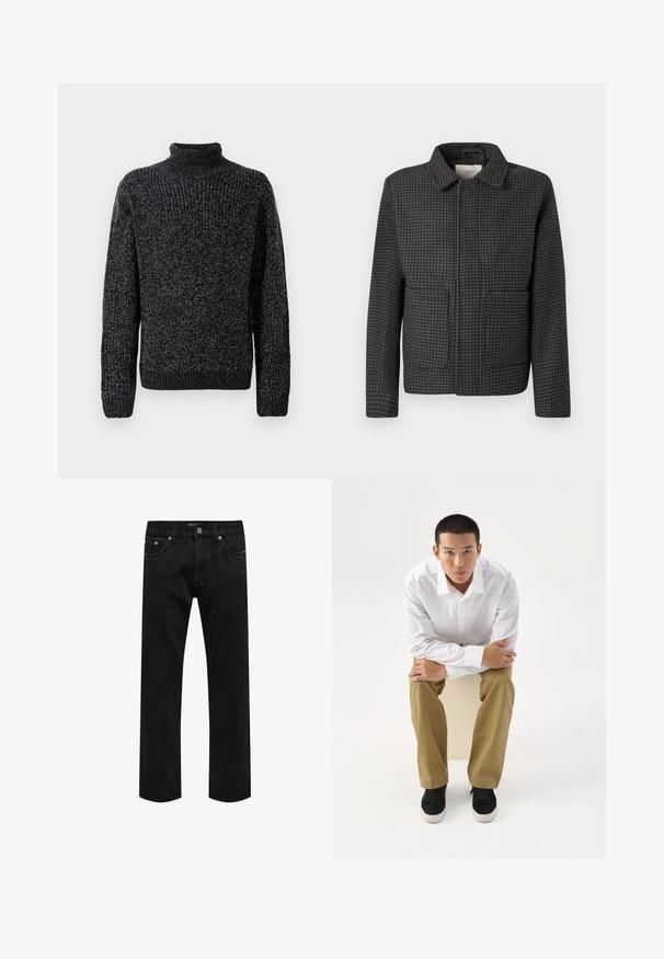 Veste à carreaux gris avec un col, deux poches avant et une coupe droite. Le tissu est texturé et présente un motif pied-de-coq classique.; Pull en maille noir et gris avec un col roulé haut, des manches longues et des poignets côtelés. La texture est épaisse avec un motif mélangé.; Jean en denim noir à jambes droites avec un design classique à cinq poches et une fermeture par bouton à la taille, présenté à plat sur un fond blanc.; Jeune homme en chemise blanche rayée et pantalon kaki assis penché en avant sur un tabouret, bras croisés, regardant droit devant sur un fond blanc.
