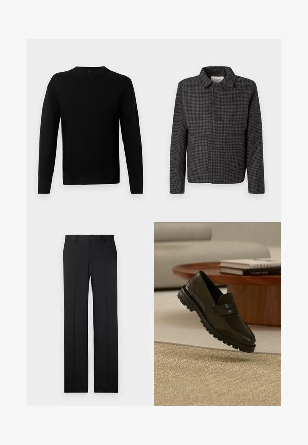 Grijze geruite jas met een kraag, twee vo pockets en een rechte snit. De stof is textuur en heeft een klassiek pied-de-coq patroon.; Zwart lange mouwen crew neck trui met een getailleerde silhouette, gemaakt van een soepele breisels, weergegeven op een lichte grijze achtergrond.; Zwarte, op maat gemaakte broek met een rechte pijp, zachte stof, voorvouwen en een enkele knoopsluiting in de taille.; Zwarte leren loafer met grove profielzool die boven een gestructureerd beige vloerkleed zweeft, houten ronde salontafel en gestapelde boeken op de achtergrond.