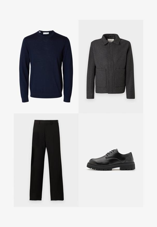 Grijze geruite jas met een kraag, twee vo pockets en een rechte snit. De stof is textuur en heeft een klassiek pied-de-coq patroon.; Navyblauwe trui met lange mouwen en ronde hals, met geribbelde boorden en zoom, gemaakt van fijne gebreide stof.; Zwarte broek met rechte pijpen, riemlussen en zijzakken op een effen witte achtergrond.; Zwarte leren schoenen met een ronde neus, vetersluiting en een dikke, gestructureerde rubberen zool. Kenmerken zijn stiksels langs de rand en een gladde afwerking.