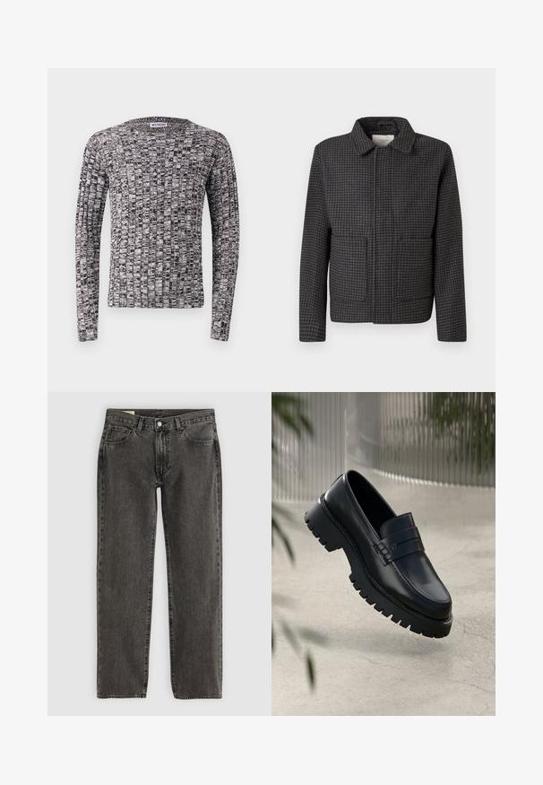 Grå ternet jakke med krave, to forlommer og lige snit. Stoffet er struktureret og har et klassisk hundetandmønster.; Strikket sweater med lange ærmer, der har et struktureret sort-hvidt mønster. Rund halsudskæring og tætsiddende manchetter. Materialet virker blødt og let.; Sorte, slidte straight-leg jeans med fem lommer, knaplukning og bæltestropper, lagt fladt på en hvid baggrund.; Sorte læder loafers med en chunky sål, der har en dekorativ rem og syninger. Glat tekstur med en poleret overflade.