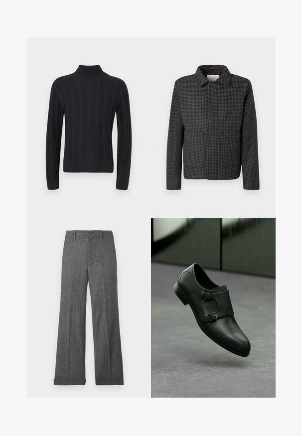 Grå ternet jakke med krave, to forlommer og lige snit. Stoffet er struktureret og har et klassisk hundetandmønster.; Sort strikket turtleneck sweater med et tekstureret mønster af lodrette fletninger, ribbede manchetter og kant for en tætsiddende pasform.; Grå bukser med vidde i benene, lavet af struktureret stof med et subtilt mønster, med frontknaplukning og opsmøgede manchetter.; Sorte lædersko med et strømlinet design, der har to sølvfarvede spænde accenter og en rund tå, sat mod en grå baggrund.