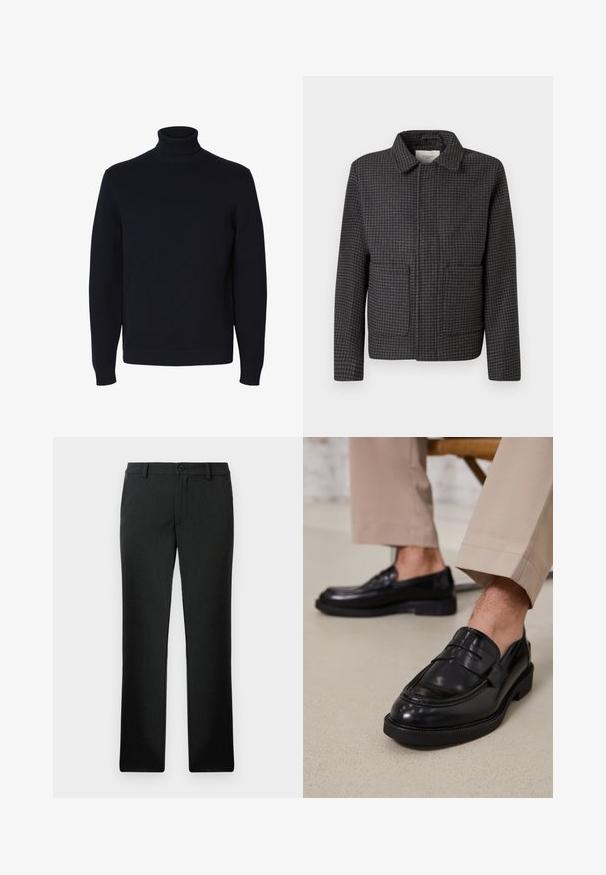 Grijze geruite jas met een kraag, twee vo pockets en een rechte snit. De stof is textuur en heeft een klassiek pied-de-coq patroon.; Zwarte, gebreide coltrui met lange mouwen en geribde manchetten en zoom, weergegeven op een witte achtergrond.; Zwarte rechte, op maat gemaakte broek met riemlussen, voorste knoop en ritssluiting, plat weergegeven op een witte achtergrond.; Zwarte leren loafers met een gladde afwerking, voorzien van een decoratieve band en contrasterende stiksels, gecombineerd met beige broeken.