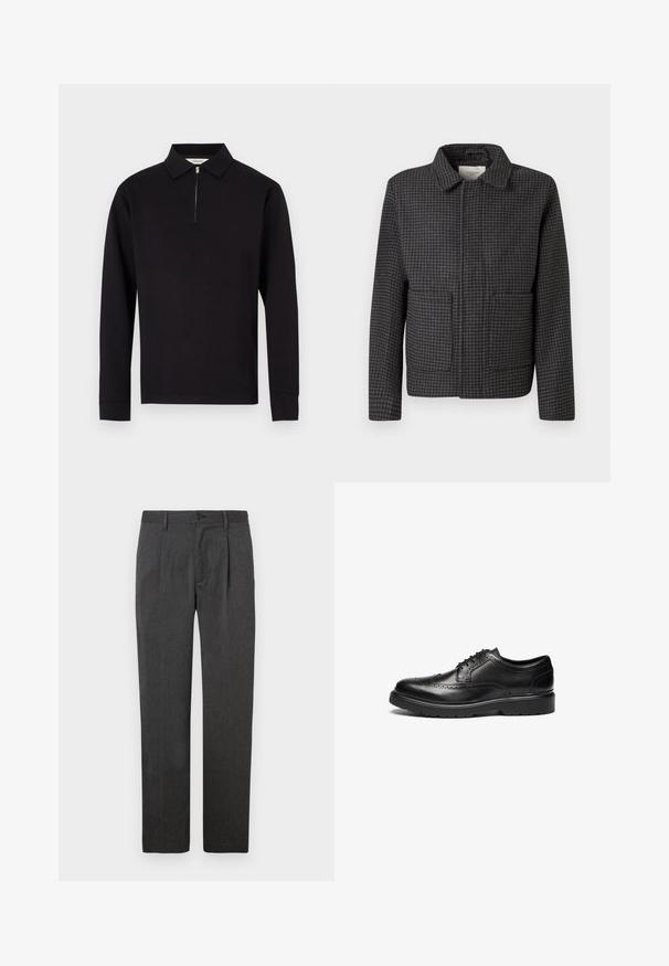 Veste à carreaux gris avec un col, deux poches avant et une coupe droite. Le tissu est texturé et présente un motif pied-de-coq classique.; Polo noir à manches longues avec un col zippé, fabriqué en tissu lisse, avec un col classique et des poignets côtelés.; Pantalons gris sur mesure avec une coupe droite, dotés d'un pli avant, d'une fermeture éclair et d'un bouton. Texture lisse, design classique.; Chaussure de ville noire en cuir avec des détails en brogue, bout rond et semelle texturée. Caractéristiques de lacets classiques et d'un talon solide pour le soutien.